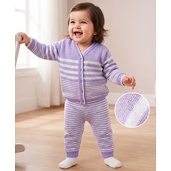 Babyhug Knit Full Sleeves Front Open Sweater Set with Stripes - Lavender