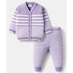 Babyhug Knit Full Sleeves Front Open Sweater Set with Stripes - Lavender