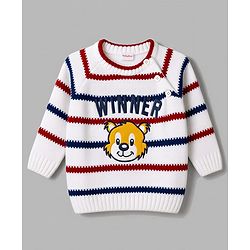 Babyhug Full Raglan Sleeves Striped & Tiger Embroidered Sweater Set - White & Navy Blue