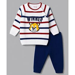 Babyhug Full Raglan Sleeves Striped & Tiger Embroidered Sweater Set - White & Navy Blue