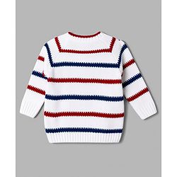 Babyhug Full Raglan Sleeves Striped & Tiger Embroidered Sweater Set - White & Navy Blue