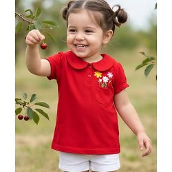 Babyhug 100% Cotton Knit Half Sleeves Floral Printed Polo T-Shirt - Red