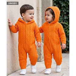 Babyhug Knitted Raglan Sleeves Hooded Winter Wear Romper - Orange