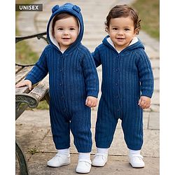Babyhug Knitted Raglan Sleeves Hooded Winter Wear Romper - Navy Blue