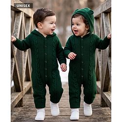 Babyhug Knit Full Sleeves Hooded Winter Wear Romper With Cable Knit Design & Bear Ear Applique - Dark Green