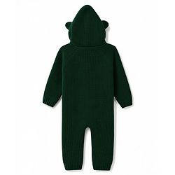 Babyhug Knit Full Sleeves Hooded Winter Wear Romper With Cable Knit Design & Bear Ear Applique - Dark Green