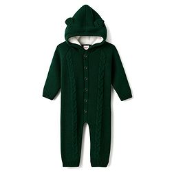Babyhug Knit Full Sleeves Hooded Winter Wear Romper With Cable Knit Design & Bear Ear Applique - Dark Green