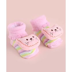 Cute Walk by Babyhug Fabric Striped Socks Shoes With Large  Teddy Bear Applique - Pink