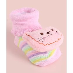 Cute Walk by Babyhug Fabric Striped Socks Shoes With Large  Teddy Bear Applique - Pink