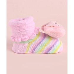 Cute Walk by Babyhug Fabric Striped Socks Shoes With Large  Teddy Bear Applique - Pink