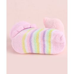 Cute Walk by Babyhug Fabric Striped Socks Shoes With Large  Teddy Bear Applique - Pink