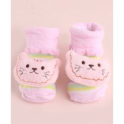 Cute Walk by Babyhug Fabric Striped Socks Shoes With Large  Teddy Bear Applique - Pink