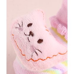 Cute Walk by Babyhug Fabric Striped Socks Shoes With Large  Teddy Bear Applique - Pink