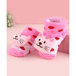 Cute Walk by Babyhug Fabric Polka Dot Socks Shoes With Large Cat Applique - Pink