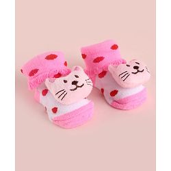 Cute Walk by Babyhug Fabric Polka Dot Socks Shoes With Large Cat Applique - Pink