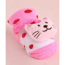 Cute Walk by Babyhug Fabric Polka Dot Socks Shoes With Large Cat Applique - Pink