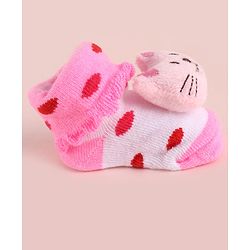 Cute Walk by Babyhug Fabric Polka Dot Socks Shoes With Large Cat Applique - Pink