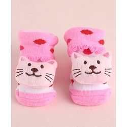 Cute Walk by Babyhug Fabric Polka Dot Socks Shoes With Large Cat Applique - Pink