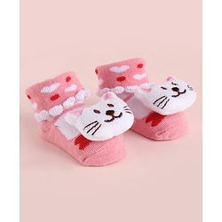 Cute Walk by Babyhug Fabric Heart Socks Shoes With Large Cat Applique - Pink