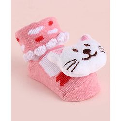 Cute Walk by Babyhug Fabric Heart Socks Shoes With Large Cat Applique - Pink