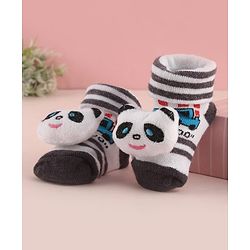 Cute Walk by Babyhug Socks with Large Panda Applique with Stripes & Vehicle Design - Black