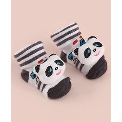Cute Walk by Babyhug Socks with Large Panda Applique with Stripes & Vehicle Design - Black