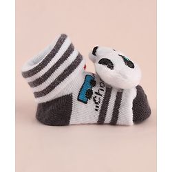 Cute Walk by Babyhug Socks with Large Panda Applique with Stripes & Vehicle Design - Black
