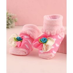 Cute Walk by Babyhug Large Floral Applique Sock Shoes With Hearts Design - Pink