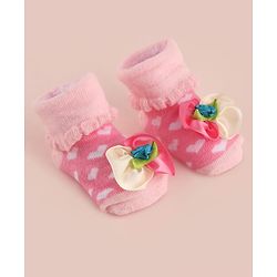 Cute Walk by Babyhug Large Floral Applique Sock Shoes With Hearts Design - Pink