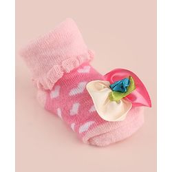 Cute Walk by Babyhug Large Floral Applique Sock Shoes With Hearts Design - Pink