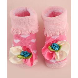 Cute Walk by Babyhug Large Floral Applique Sock Shoes With Hearts Design - Pink