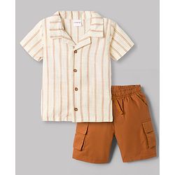 Babyhug 100% Cotton Knit Half Sleeves Striped Shirt and Shorts Set-Cream