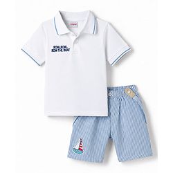 Babyhug Single Jersey Knit Half Sleeves  T-Shirt & Shorts Set with Stripes & Suspender - Blue & White