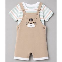 Babyhug 100% Cotton Knit Half Sleeves Striped & Tiger Embroidered Dungaree With Inner Tee - Beige