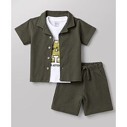 Babyhug Waffle 100% Cotton Knit Half Sleeves Shirt & Shorts Set With Text Printed Inner Tee - Olive Green