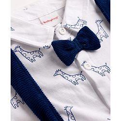 Babyhug 100% Cotton Single Jersey Knit Half Sleeves Giraffe Print Shirt & Shorts Set With Suspender & Bow - White & Navy Blue