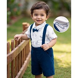Babyhug 100% Cotton Single Jersey Knit Half Sleeves Giraffe Print Shirt & Shorts Set With Suspender & Bow - White & Navy Blue
