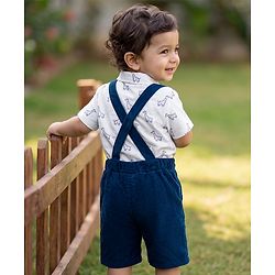 Babyhug 100% Cotton Single Jersey Knit Half Sleeves Giraffe Print Shirt & Shorts Set With Suspender & Bow - White & Navy Blue