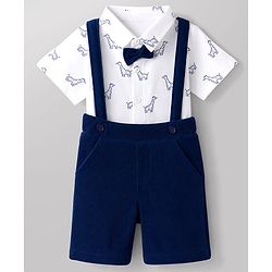Babyhug 100% Cotton Single Jersey Knit Half Sleeves Giraffe Print Shirt & Shorts Set With Suspender & Bow - White & Navy Blue