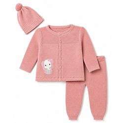 Babyhug 100% Cotton Knit Full Sleeves Elephant Patch Sweater set with Cap - Light Pink