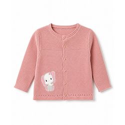 Babyhug 100% Cotton Knit Full Sleeves Elephant Patch Sweater set with Cap - Light Pink