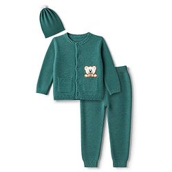 Babyhug 100 % Cotton Knit Front Open Sweater Set With Cap & Bear Applique - Teal Blue