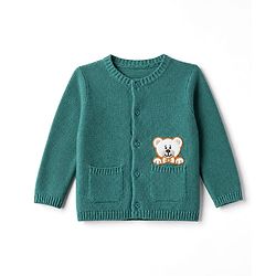 Babyhug 100 % Cotton Knit Front Open Sweater Set With Cap & Bear Applique - Teal Blue