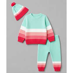 Babyhug Natural 100% Cotton Knit Full Sleeves Colour Block Sweater Set with Cap -Sea Green