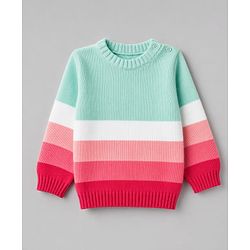Babyhug Natural 100% Cotton Knit Full Sleeves Colour Block Sweater Set with Cap -Sea Green