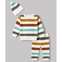 Babyhug 100% Cotton Knit Full Sleeves Striped Sweater Set with Cap - White