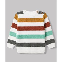 Babyhug 100% Cotton Knit Full Sleeves Striped Sweater Set with Cap - White