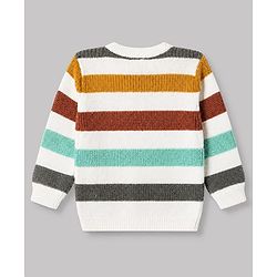 Babyhug 100% Cotton Knit Full Sleeves Striped Sweater Set with Cap - White