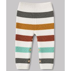 Babyhug 100% Cotton Knit Full Sleeves Striped Sweater Set with Cap - White
