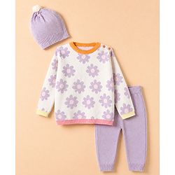 Babyhug 100% Cotton Knit Full Sweater sets with Cap & Floral Design - Lavender